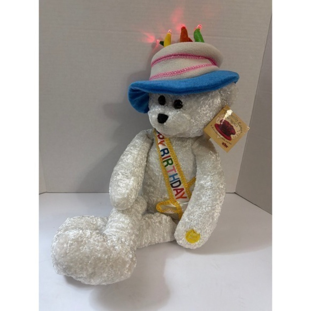 Chantilly Lane 22" Musical Singing Birthday Bear Light Up Cake Hat White Plush